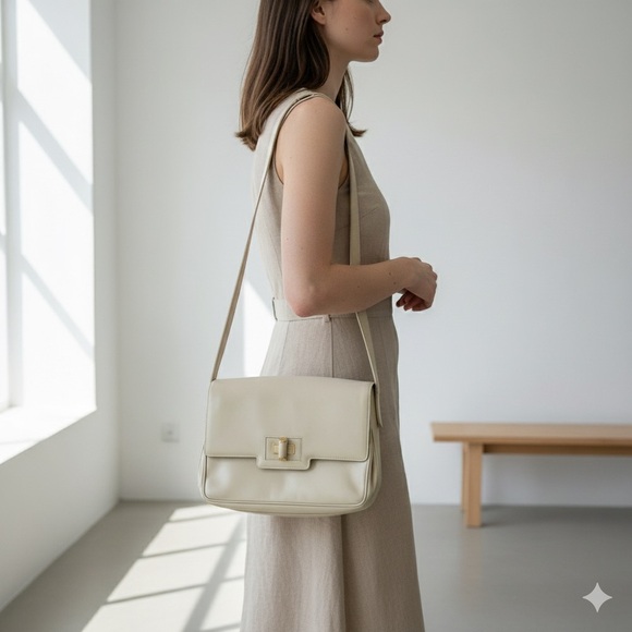 Vintage Gucci cream beige leather shoulder bag with gold GG turnlock closure - Picture 1 of 16